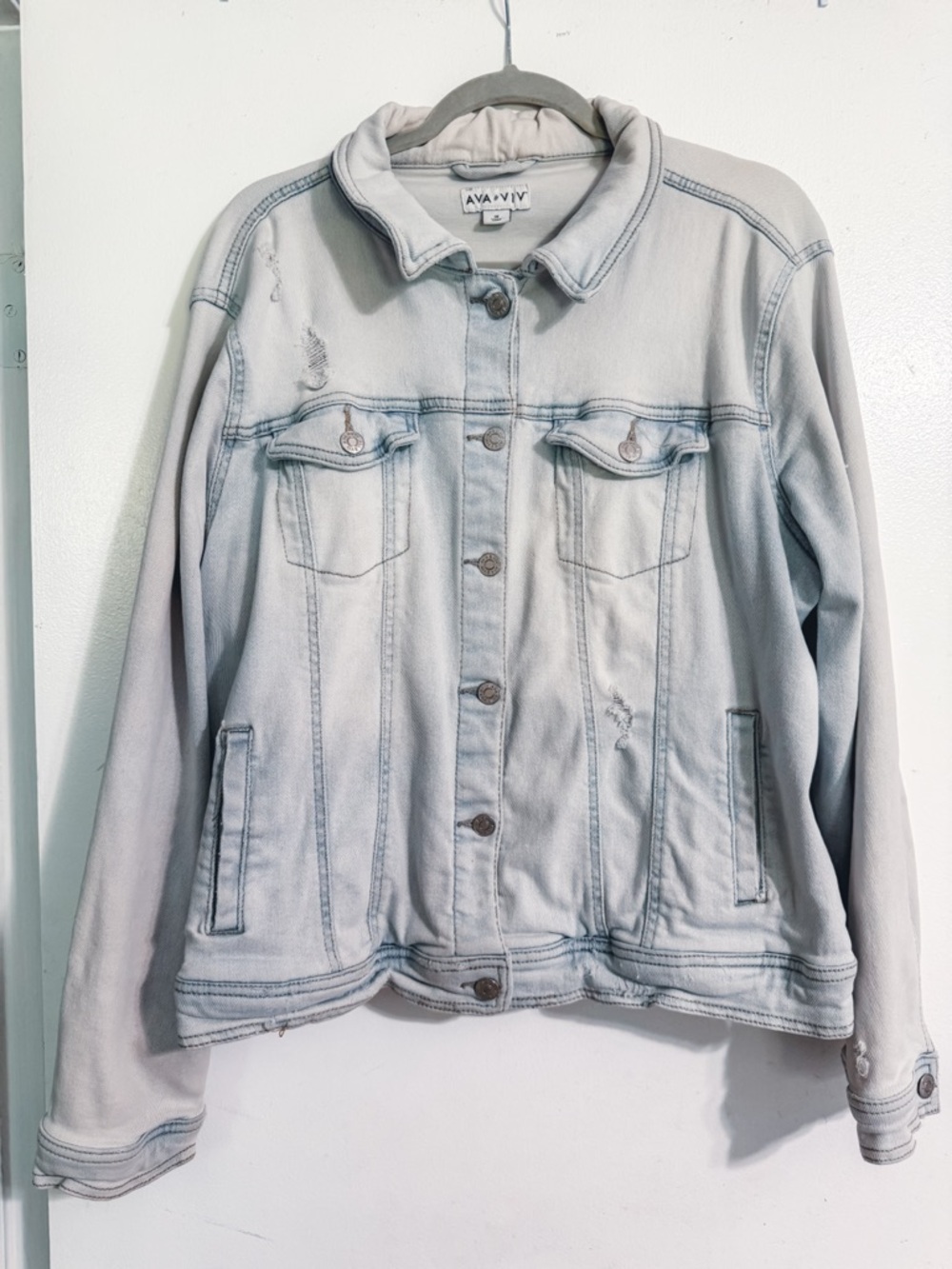 AVA & VIV Light Wash Distressed Denim Jacket 1X